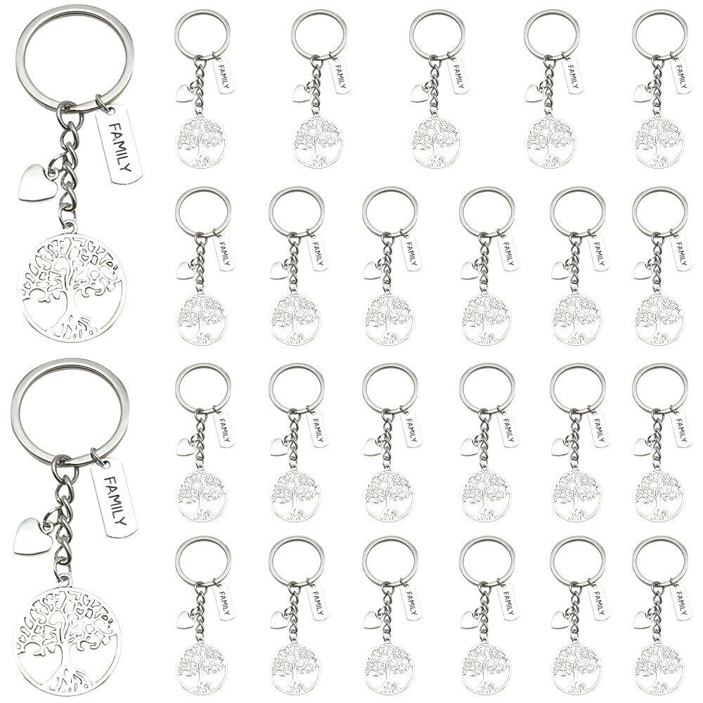 1268 25 Pcs Family Tree Keychains with Heart Charm Tree Of Life Keyrings
